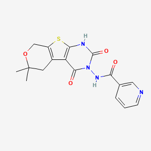 molecular formula C17H16N4O4S B11477412 N-(12,12-dimethyl-3,5-dioxo-11-oxa-8-thia-4,6-diazatricyclo[7.4.0.02,7]trideca-1(9),2(7)-dien-4-yl)pyridine-3-carboxamide 