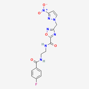 molecular formula C16H14FN7O5 B11477531 N-(2-{[(4-fluorophenyl)carbonyl]amino}ethyl)-3-[(3-nitro-1H-pyrazol-1-yl)methyl]-1,2,4-oxadiazole-5-carboxamide 