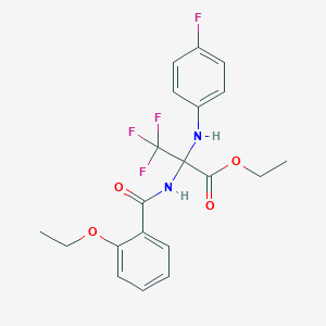 molecular formula C20H20F4N2O4 B11477561 Ethyl 2-[(2-ethoxyphenyl)formamido]-3,3,3-trifluoro-2-[(4-fluorophenyl)amino]propanoate 