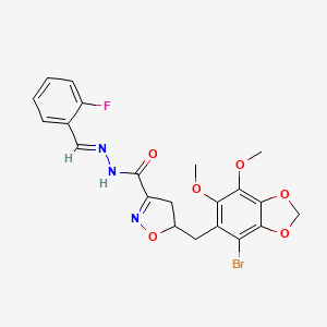 5-[(4-bromo-6,7-dimethoxy-1,3-benzodioxol-5-yl)methyl]-N'-[(E)-(2-fluorophenyl)methylidene]-4,5-dihydro-1,2-oxazole-3-carbohydrazide