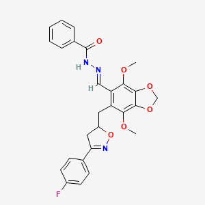 N'-[(E)-(6-{[3-(4-fluorophenyl)-4,5-dihydro-1,2-oxazol-5-yl]methyl}-4,7-dimethoxy-1,3-benzodioxol-5-yl)methylidene]benzohydrazide