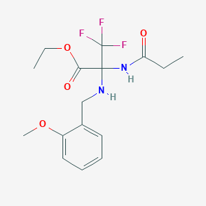 molecular formula C16H21F3N2O4 B11477954 Propanoic acid, 3,3,3-trifluoro-2-[[(2-methoxyphenyl)methyl]amino]-2-[(1-oxopropyl)amino]-, ethyl ester 