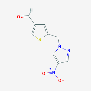 molecular formula C9H7N3O3S B11478057 5-[(4-nitro-1H-pyrazol-1-yl)methyl]-3-thiophenecarbaldehyde 