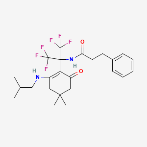 molecular formula C24H30F6N2O2 B11478412 N-(2-{4,4-dimethyl-2-[(2-methylpropyl)amino]-6-oxocyclohex-1-en-1-yl}-1,1,1,3,3,3-hexafluoropropan-2-yl)-3-phenylpropanamide 