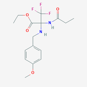 molecular formula C16H21F3N2O4 B11478445 Propanoic acid, 3,3,3-trifluoro-2-[[(4-methoxyphenyl)methyl]amino]-2-[(1-oxopropyl)amino]-, ethyl ester 