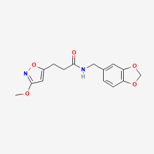 molecular formula C15H16N2O5 B11478473 N-(1,3-benzodioxol-5-ylmethyl)-3-(3-methoxy-1,2-oxazol-5-yl)propanamide 