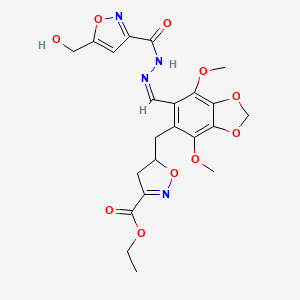 molecular formula C22H24N4O10 B11478649 ethyl 5-({6-[(Z)-(2-{[5-(hydroxymethyl)-1,2-oxazol-3-yl]carbonyl}hydrazinylidene)methyl]-4,7-dimethoxy-1,3-benzodioxol-5-yl}methyl)-4,5-dihydro-1,2-oxazole-3-carboxylate 