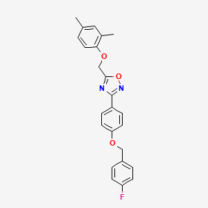 molecular formula C24H21FN2O3 B11478789 5-[(2,4-Dimethylphenoxy)methyl]-3-{4-[(4-fluorobenzyl)oxy]phenyl}-1,2,4-oxadiazole 