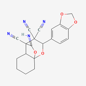 molecular formula C20H16N4O4 B11478906 2-(1,3-benzodioxol-5-yl)-10-iminotetrahydro-8a,4-(epoxymethano)chromene-3,3,4(2H,4aH)-tricarbonitrile 