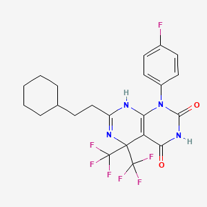 molecular formula C22H21F7N4O2 B11479103 7-(2-cyclohexylethyl)-1-(4-fluorophenyl)-5,5-bis(trifluoromethyl)-5,8-dihydropyrimido[4,5-d]pyrimidine-2,4(1H,3H)-dione 