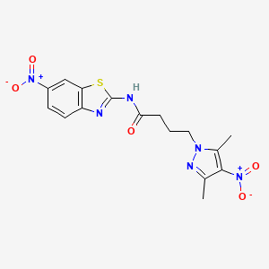 molecular formula C16H16N6O5S B11479301 4-(3,5-dimethyl-4-nitro-1H-pyrazol-1-yl)-N-(6-nitro-1,3-benzothiazol-2-yl)butanamide 