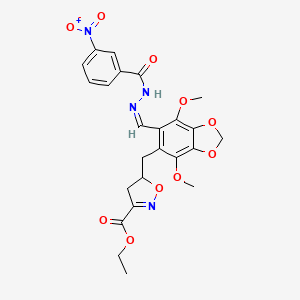 molecular formula C24H24N4O10 B11480383 ethyl 5-({4,7-dimethoxy-6-[(Z)-{2-[(3-nitrophenyl)carbonyl]hydrazinylidene}methyl]-1,3-benzodioxol-5-yl}methyl)-4,5-dihydro-1,2-oxazole-3-carboxylate 