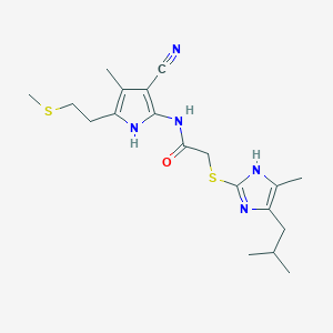 molecular formula C19H27N5OS2 B11480435 N-{3-cyano-4-methyl-5-[2-(methylsulfanyl)ethyl]-1H-pyrrol-2-yl}-2-{[4-methyl-5-(2-methylpropyl)-1H-imidazol-2-yl]sulfanyl}acetamide 