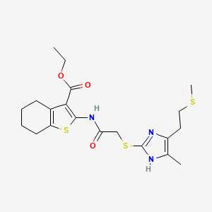 molecular formula C20H27N3O3S3 B11481057 ethyl 2-{[({4-methyl-5-[2-(methylsulfanyl)ethyl]-1H-imidazol-2-yl}sulfanyl)acetyl]amino}-4,5,6,7-tetrahydro-1-benzothiophene-3-carboxylate 