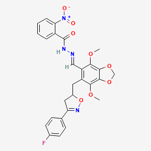 molecular formula C27H23FN4O8 B11481222 N'-[(E)-(6-{[3-(4-fluorophenyl)-4,5-dihydro-1,2-oxazol-5-yl]methyl}-4,7-dimethoxy-1,3-benzodioxol-5-yl)methylidene]-2-nitrobenzohydrazide 