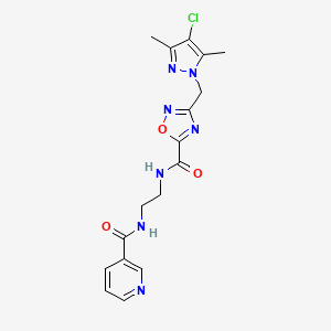 molecular formula C17H18ClN7O3 B11481335 N-{2-[({3-[(4-chloro-3,5-dimethyl-1H-pyrazol-1-yl)methyl]-1,2,4-oxadiazol-5-yl}carbonyl)amino]ethyl}pyridine-3-carboxamide 