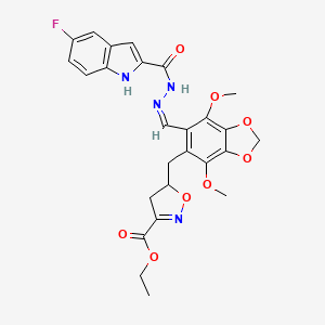 ethyl 5-({6-[(Z)-{2-[(5-fluoro-1H-indol-2-yl)carbonyl]hydrazinylidene}methyl]-4,7-dimethoxy-1,3-benzodioxol-5-yl}methyl)-4,5-dihydro-1,2-oxazole-3-carboxylate