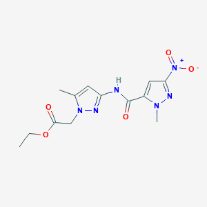 molecular formula C13H16N6O5 B11481512 ethyl (5-methyl-3-{[(1-methyl-3-nitro-1H-pyrazol-5-yl)carbonyl]amino}-1H-pyrazol-1-yl)acetate 