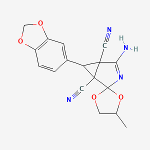 molecular formula C17H14N4O4 B11481599 4-Amino-6-(1,3-benzodioxol-5-yl)-4'-methylspiro[3-azabicyclo[3.1.0]hex-3-ene-2,2'-[1,3]dioxolane]-1,5-dicarbonitrile 