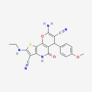 molecular formula C21H17N5O3S B11481813 8-amino-2-(ethylamino)-6-(4-methoxyphenyl)-5-oxo-4,6-dihydro-5H-pyrano[2,3-d]thieno[3,2-b]pyridine-3,7-dicarbonitrile 