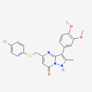 molecular formula C22H20ClN3O3S B11481862 5-{[(4-chlorophenyl)sulfanyl]methyl}-3-(3,4-dimethoxyphenyl)-2-methylpyrazolo[1,5-a]pyrimidin-7(4H)-one 