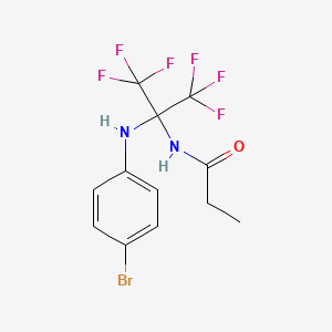 molecular formula C12H11BrF6N2O B11482636 N-{2-[(4-bromophenyl)amino]-1,1,1,3,3,3-hexafluoropropan-2-yl}propanamide 