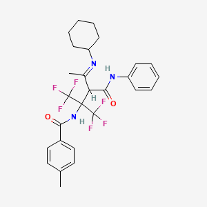 molecular formula C27H29F6N3O2 B11482866 N-[(4E)-4-(cyclohexylimino)-1,1,1-trifluoro-3-(phenylcarbamoyl)-2-(trifluoromethyl)pentan-2-yl]-4-methylbenzamide 