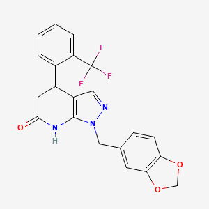 molecular formula C21H16F3N3O3 B11483176 1-(1,3-benzodioxol-5-ylmethyl)-4-[2-(trifluoromethyl)phenyl]-1,4,5,7-tetrahydro-6H-pyrazolo[3,4-b]pyridin-6-one 