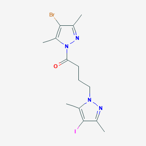 molecular formula C14H18BrIN4O B11483393 1-(4-bromo-3,5-dimethyl-1H-pyrazol-1-yl)-4-(4-iodo-3,5-dimethyl-1H-pyrazol-1-yl)butan-1-one 