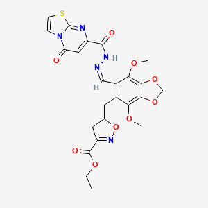 molecular formula C24H23N5O9S B11483494 ethyl 5-({4,7-dimethoxy-6-[(Z)-{2-[(5-oxo-5H-[1,3]thiazolo[3,2-a]pyrimidin-7-yl)carbonyl]hydrazinylidene}methyl]-1,3-benzodioxol-5-yl}methyl)-4,5-dihydro-1,2-oxazole-3-carboxylate 