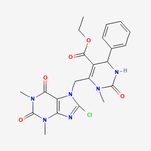 molecular formula C22H23ClN6O5 B11483576 ethyl 6-[(8-chloro-1,3-dimethyl-2,6-dioxo-1,2,3,6-tetrahydro-7H-purin-7-yl)methyl]-1-methyl-2-oxo-4-phenyl-1,2,3,4-tetrahydropyrimidine-5-carboxylate 