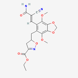 molecular formula C20H21N3O8 B11483640 ethyl 5-({6-[(1E)-3-amino-2-cyano-3-oxoprop-1-en-1-yl]-4,7-dimethoxy-1,3-benzodioxol-5-yl}methyl)-4,5-dihydro-1,2-oxazole-3-carboxylate 