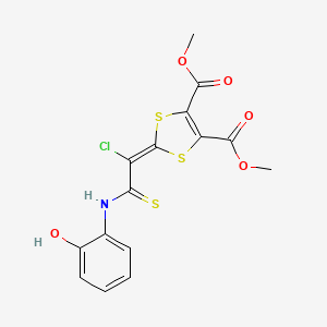 molecular formula C15H12ClNO5S3 B11483648 Dimethyl 2-{1-chloro-2-[(2-hydroxyphenyl)amino]-2-thioxoethylidene}-1,3-dithiole-4,5-dicarboxylate 