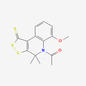 molecular formula C15H15NO2S3 B11483889 1-(6-methoxy-4,4-dimethyl-1-thioxo-1,4-dihydro-5H-[1,2]dithiolo[3,4-c]quinolin-5-yl)ethanone 