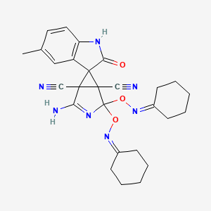 molecular formula C27H29N7O3 B11484257 2-Amino-4,4-bis(cyclohexylideneaminooxy)-5'-methyl-2'-oxospiro[3-azabicyclo[3.1.0]hex-2-ene-6,3'-indole]-1,5-dicarbonitrile 