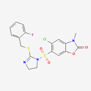 molecular formula C18H15ClFN3O4S2 B11485238 5-chloro-6-({2-[(2-fluorobenzyl)sulfanyl]-4,5-dihydro-1H-imidazol-1-yl}sulfonyl)-3-methyl-1,3-benzoxazol-2(3H)-one 