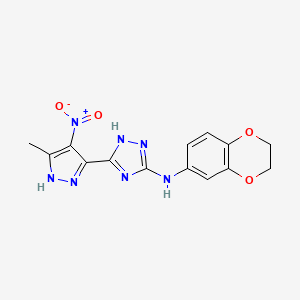 molecular formula C14H13N7O4 B11485436 N-(2,3-dihydro-1,4-benzodioxin-6-yl)-3-(3-methyl-4-nitro-1H-pyrazol-5-yl)-1H-1,2,4-triazol-5-amine 