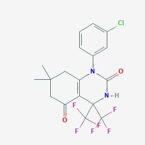 molecular formula C18H15ClF6N2O2 B11485547 1-(3-chlorophenyl)-2-hydroxy-7,7-dimethyl-4,4-bis(trifluoromethyl)-4,6,7,8-tetrahydroquinazolin-5(1H)-one 