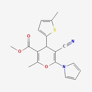 molecular formula C18H16N2O3S B11485738 methyl 5-cyano-2-methyl-4-(5-methylthiophen-2-yl)-6-(1H-pyrrol-1-yl)-4H-pyran-3-carboxylate 