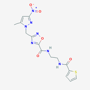 molecular formula C15H15N7O5S B11485836 3-[(5-methyl-3-nitro-1H-pyrazol-1-yl)methyl]-N-{2-[(thiophen-2-ylcarbonyl)amino]ethyl}-1,2,4-oxadiazole-5-carboxamide 