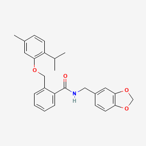 molecular formula C26H27NO4 B11486005 N-(1,3-benzodioxol-5-ylmethyl)-2-{[5-methyl-2-(propan-2-yl)phenoxy]methyl}benzamide 