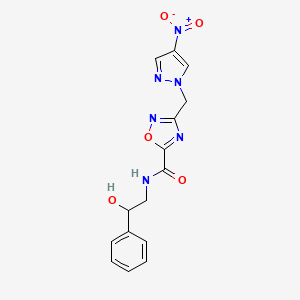 molecular formula C15H14N6O5 B11486167 N-(2-hydroxy-2-phenylethyl)-3-[(4-nitro-1H-pyrazol-1-yl)methyl]-1,2,4-oxadiazole-5-carboxamide 