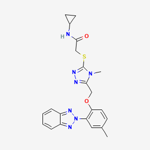 molecular formula C22H23N7O2S B11486189 2-[(5-{[2-(2H-benzotriazol-2-yl)-4-methylphenoxy]methyl}-4-methyl-4H-1,2,4-triazol-3-yl)sulfanyl]-N-cyclopropylacetamide 