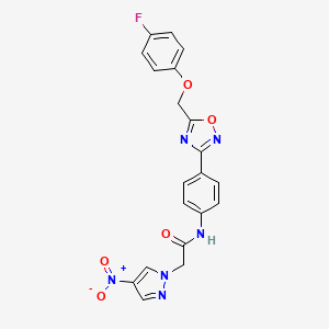 molecular formula C20H15FN6O5 B11486529 N-(4-{5-[(4-fluorophenoxy)methyl]-1,2,4-oxadiazol-3-yl}phenyl)-2-(4-nitro-1H-pyrazol-1-yl)acetamide 