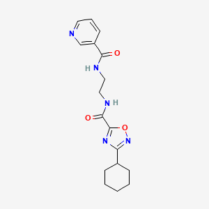 molecular formula C17H21N5O3 B11487182 N-(2-{[(3-cyclohexyl-1,2,4-oxadiazol-5-yl)carbonyl]amino}ethyl)pyridine-3-carboxamide 