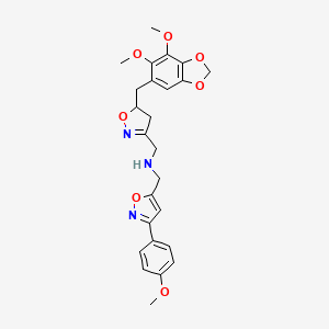 molecular formula C25H27N3O7 B11487235 1-{5-[(6,7-dimethoxy-1,3-benzodioxol-5-yl)methyl]-4,5-dihydro-1,2-oxazol-3-yl}-N-{[3-(4-methoxyphenyl)-1,2-oxazol-5-yl]methyl}methanamine 