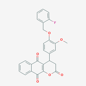 molecular formula C27H19FO6 B11487704 4-{4-[(2-fluorobenzyl)oxy]-3-methoxyphenyl}-3,4-dihydro-2H-benzo[g]chromene-2,5,10-trione 