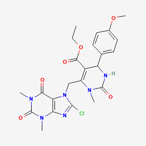 molecular formula C23H25ClN6O6 B11487733 ethyl 6-[(8-chloro-1,3-dimethyl-2,6-dioxo-1,2,3,6-tetrahydro-7H-purin-7-yl)methyl]-4-(4-methoxyphenyl)-1-methyl-2-oxo-1,2,3,4-tetrahydropyrimidine-5-carboxylate 