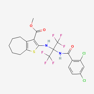 molecular formula C21H18Cl2F6N2O3S B11488192 methyl 2-[(2-{[(2,4-dichlorophenyl)carbonyl]amino}-1,1,1,3,3,3-hexafluoropropan-2-yl)amino]-5,6,7,8-tetrahydro-4H-cyclohepta[b]thiophene-3-carboxylate 