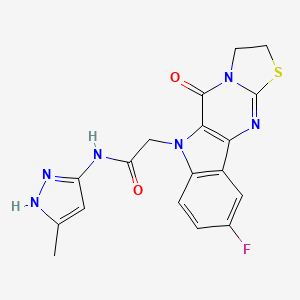 2-(4-fluoro-10-oxo-14-thia-8,11,16-triazatetracyclo[7.7.0.02,7.011,15]hexadeca-1(9),2(7),3,5,15-pentaen-8-yl)-N-(5-methyl-1H-pyrazol-3-yl)acetamide